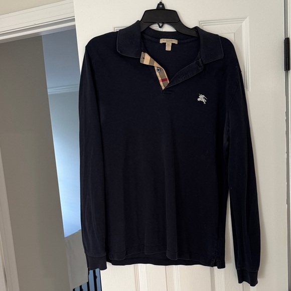 Burberry Navy Polo Shirt with Check Collar - Picture 1 of 6